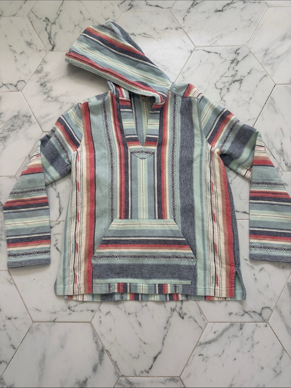 Faherty Striped Hooded Pullover Sweater in Blue, Red, Cream